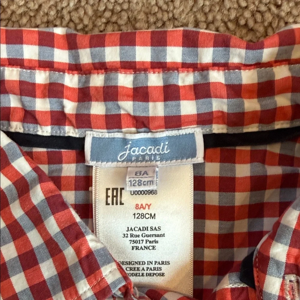 Jacadi Red and White Checkered Gingham Kids Shirt, size 8